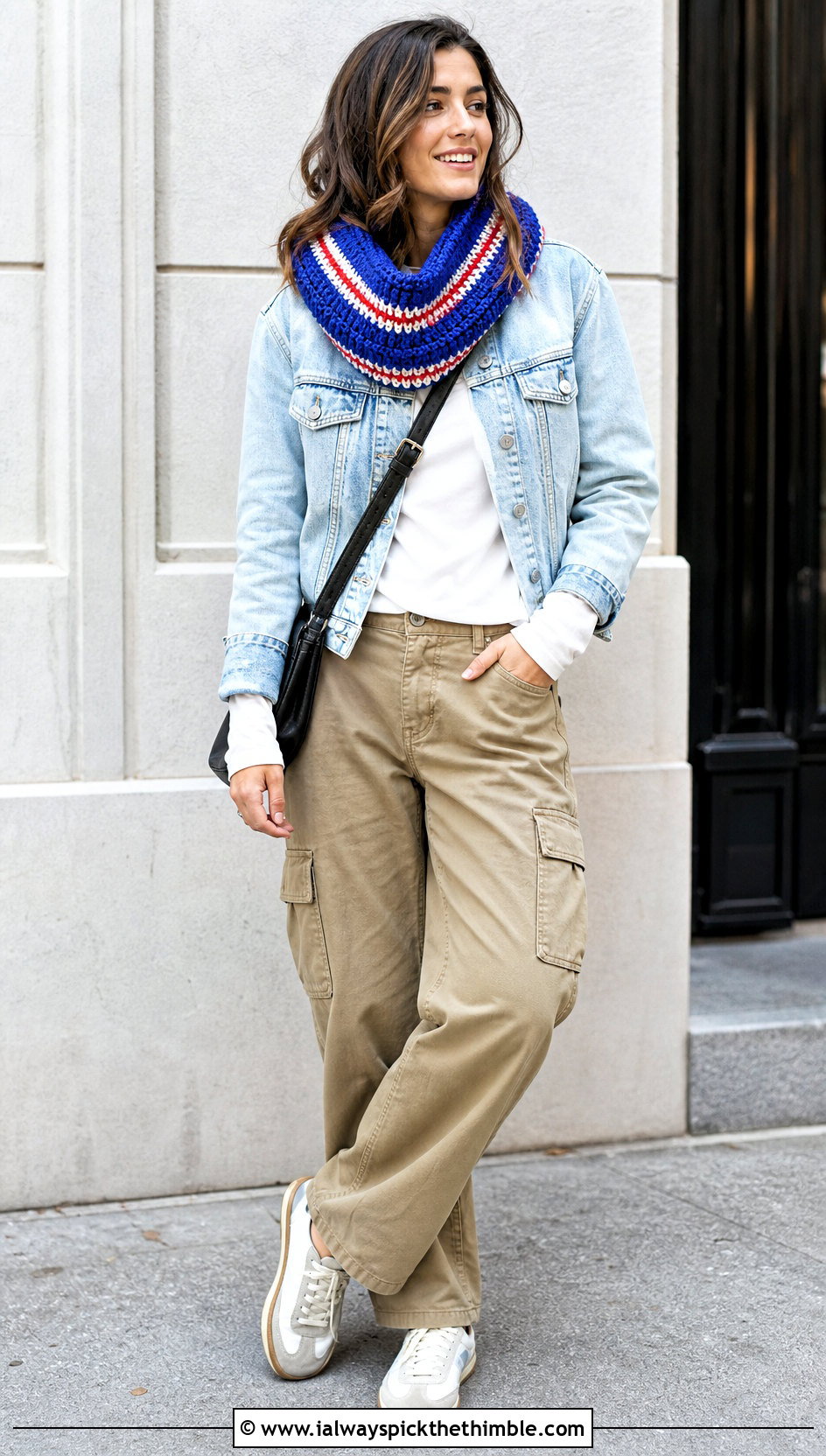Striped Moss Stitch Crochet Cowl With Denim Jacket And Cargo Pants - 15 Moss Stitch Crochet Cowl outfit ideas