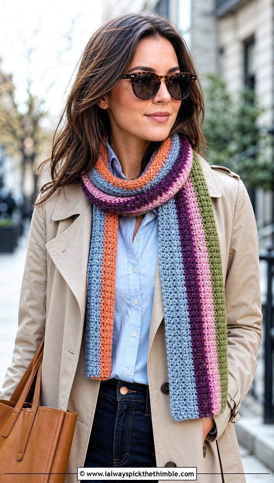 Striped Moss Stitch Crochet Scarf With Trench Coat - 20 multi colored crochet scarf outfit ideas
