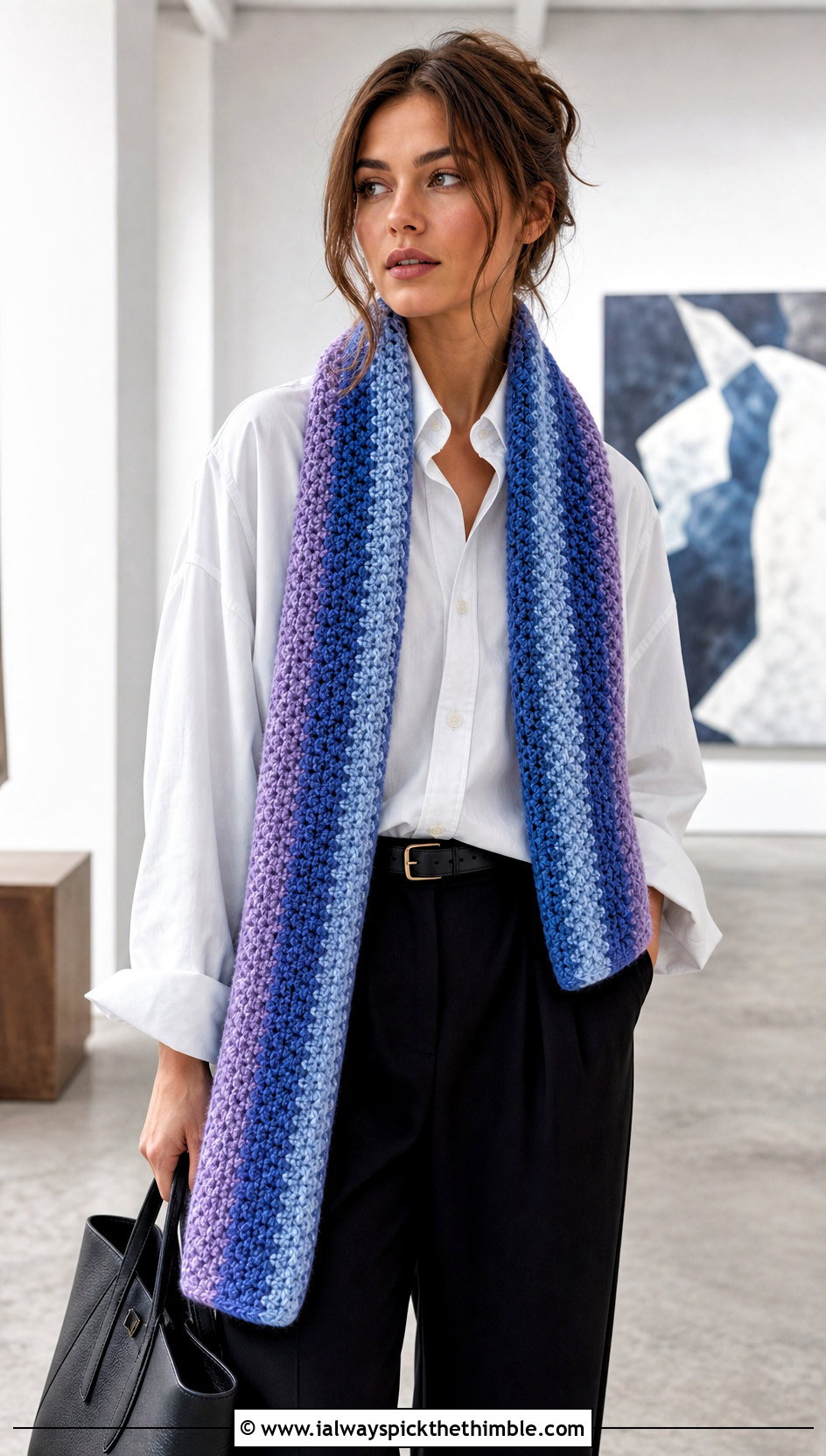 Striped Moss Stitch Crochet Scarf With White Shirt And Black Trousers - 20 Moss Stitch Crochet Scarf outfit ideas
