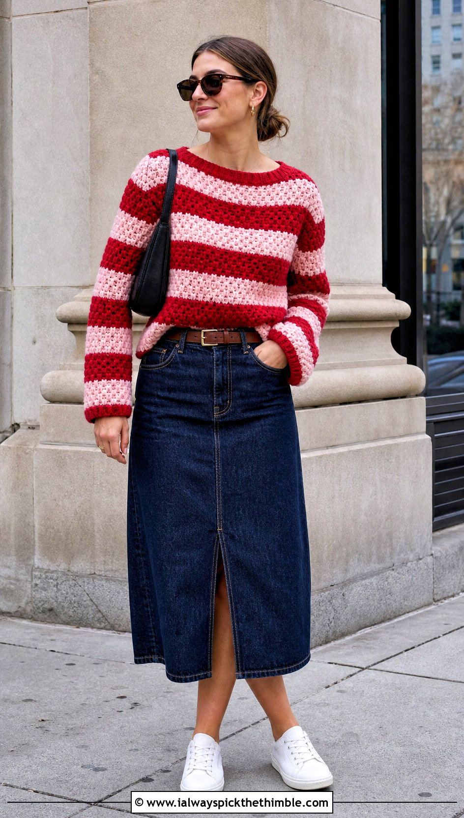 Striped Moss Stitch Crochet Sweater With Denim Midi Skirt - 20 Moss Stitch Crochet Sweater outfit ideas
