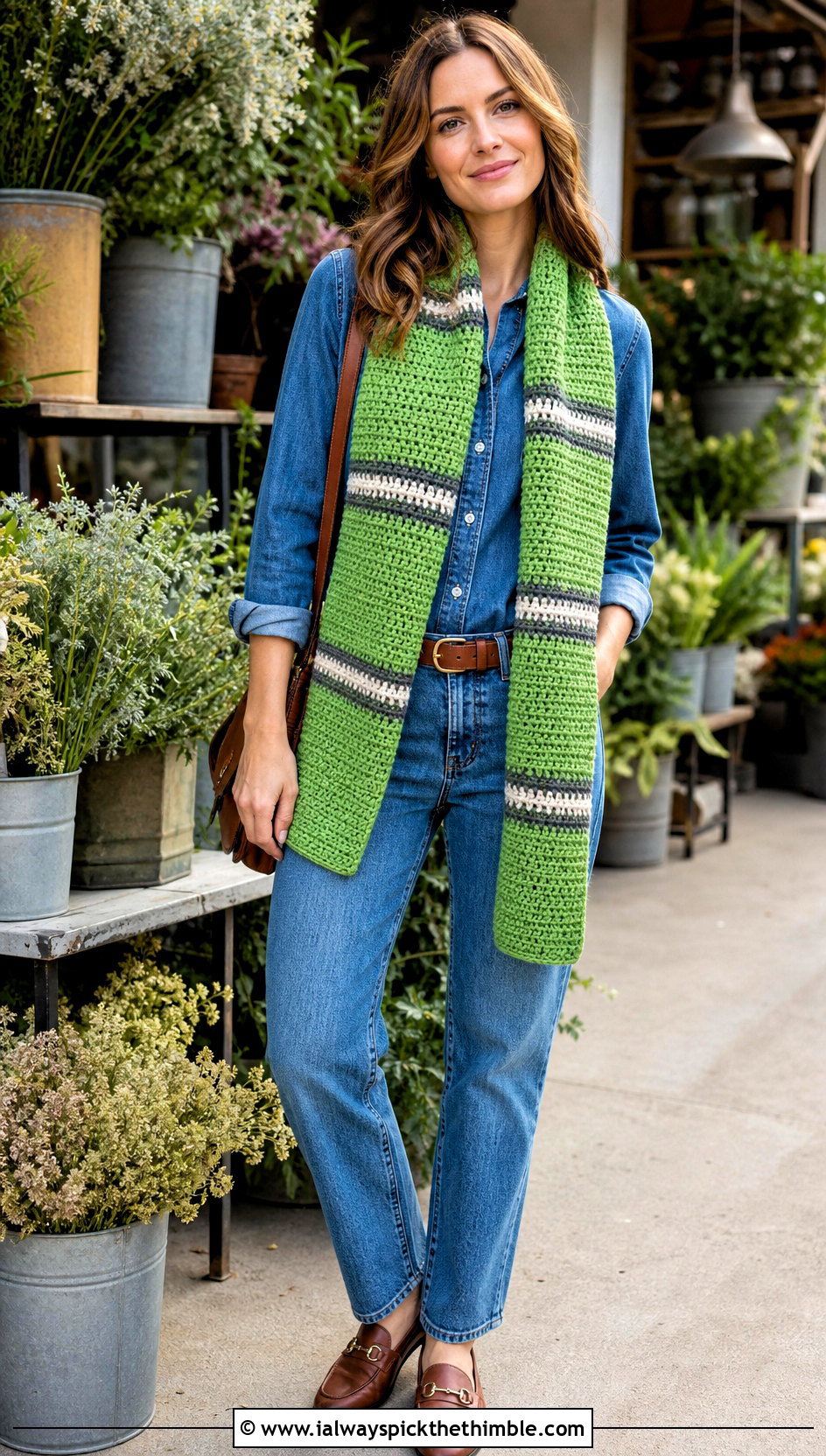 Striped Moss Stitch Scarf With A Denim Shirt And Jeans - 25 crochet moss stitch scarf outfit ideas