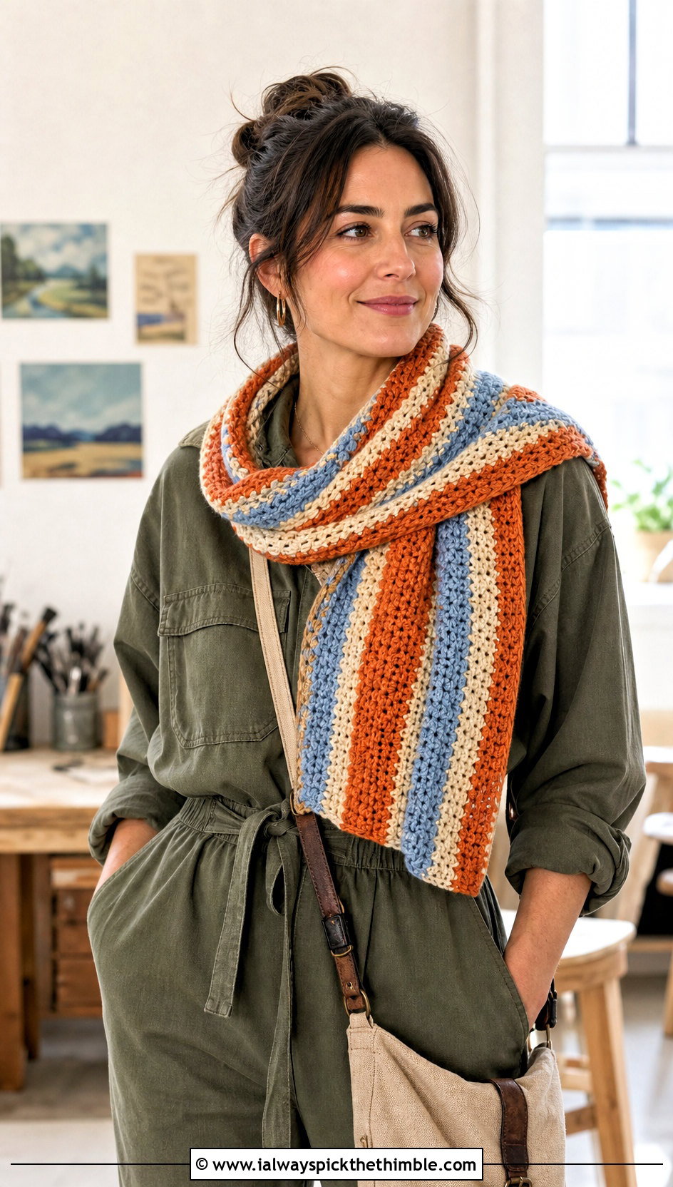 Striped Moss Stitch Shawl With A Utility Jumpsuit - 20 Crochet Moss Stitch Shawl outfit ideas