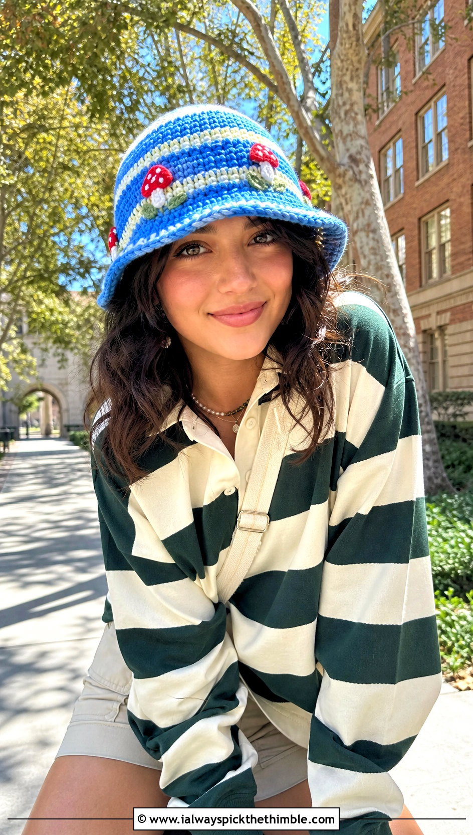 Striped Mushroom Crochet Bucket Hat With Rugby Shirt - 15 Mushroom Crochet Bucket Hat outfit ideas