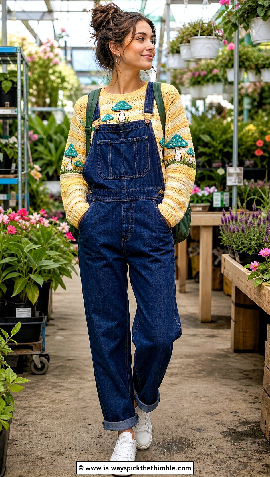 Striped Mushroom Crochet Sweater With Denim Overalls - 20 mushroom crochet sweater outfit ideas
