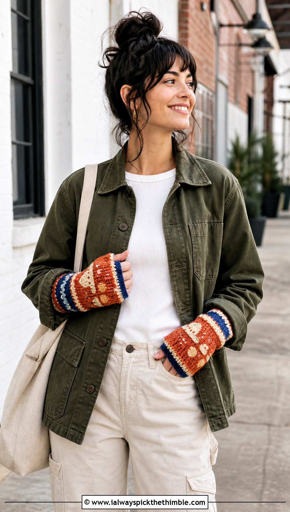 Striped Mushroom Hand Warmers With Chore Jacket And Utility Pants - 20 Crochet Mushroom Gloves outfit ideas