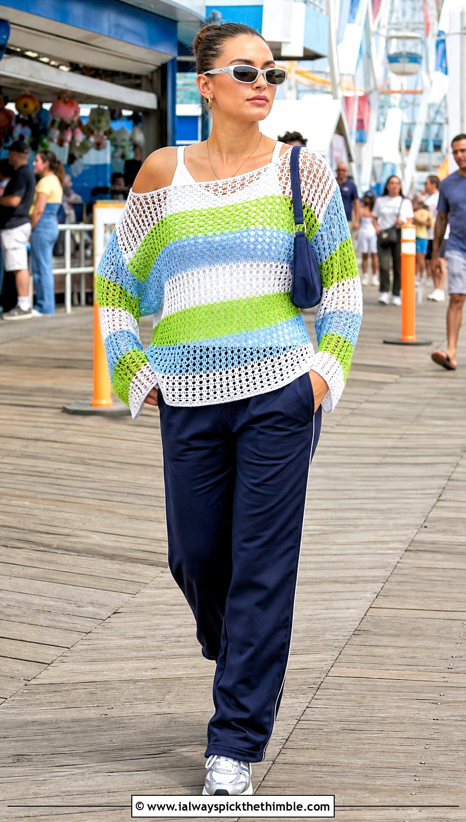 Striped Net Crochet Beach Cover Up Top With Track Pants - 20 crochet beach cover up top outfit ideas