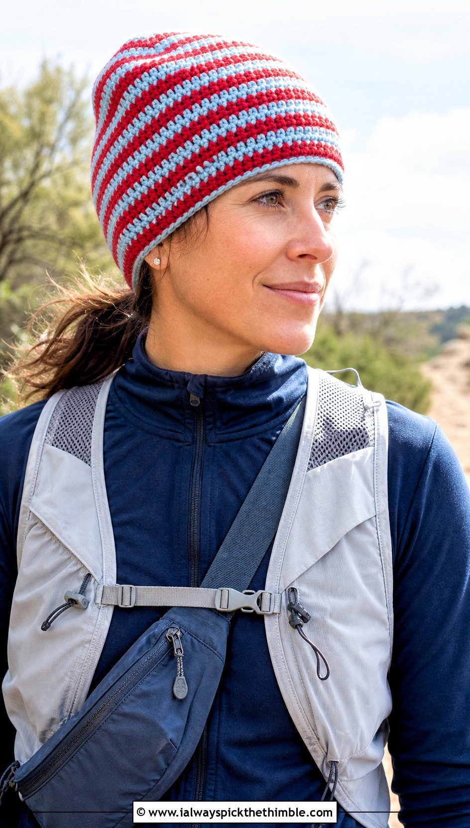 Striped One Hour Crochet Beanie With An Athleisure Set - 20 One Hour Crochet Hat outfit ideas