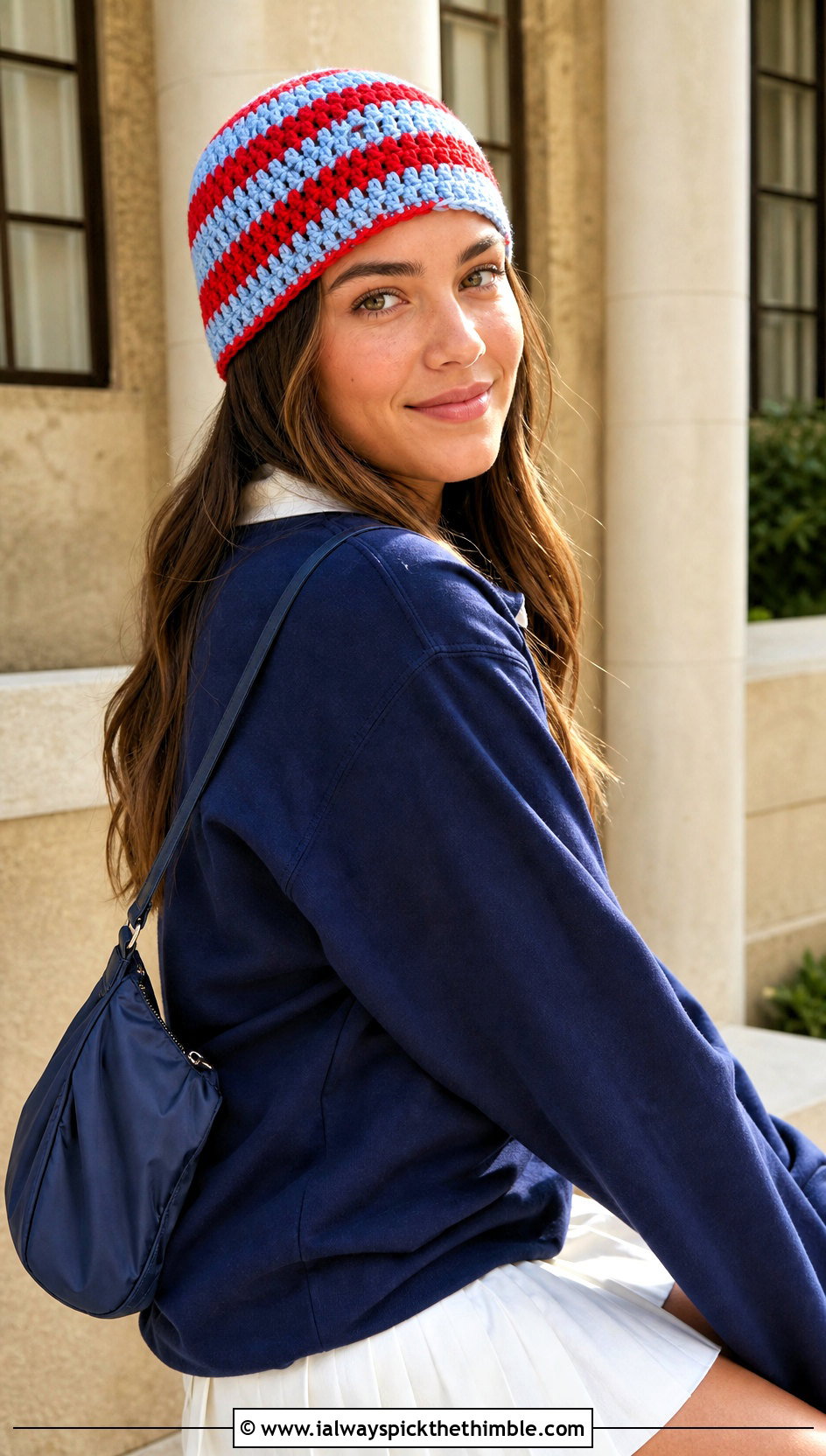 Striped One Skein Crochet Beanie With Rugby Shirt And Pleated Skirt - 20 one skein crochet hat outfit ideas