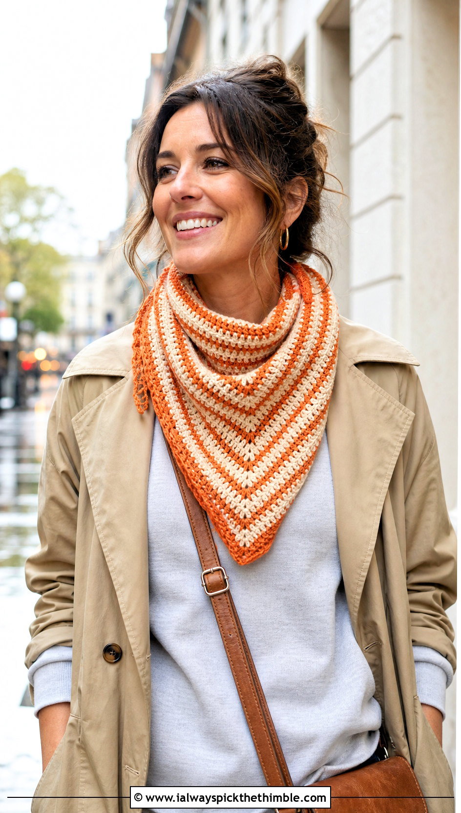 Striped One Skein Triangle Crochet Scarf With Trench Coat - 15 One Skein Triangle Crochet Scarf outfit ideas