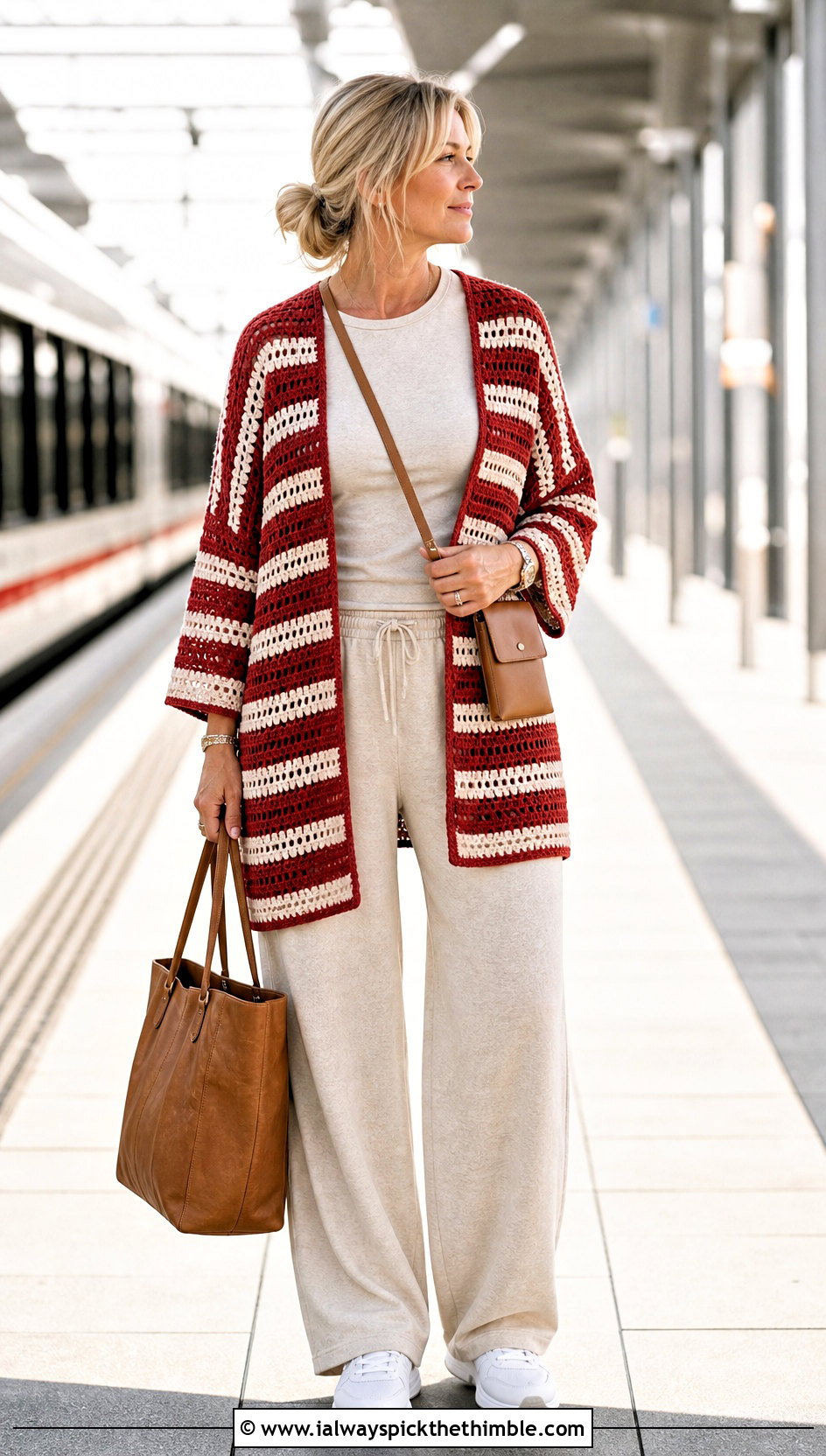 Striped Open Front Crochet Cardigan With Travel Set - 15 Women Crochet Cardigan outfit ideas