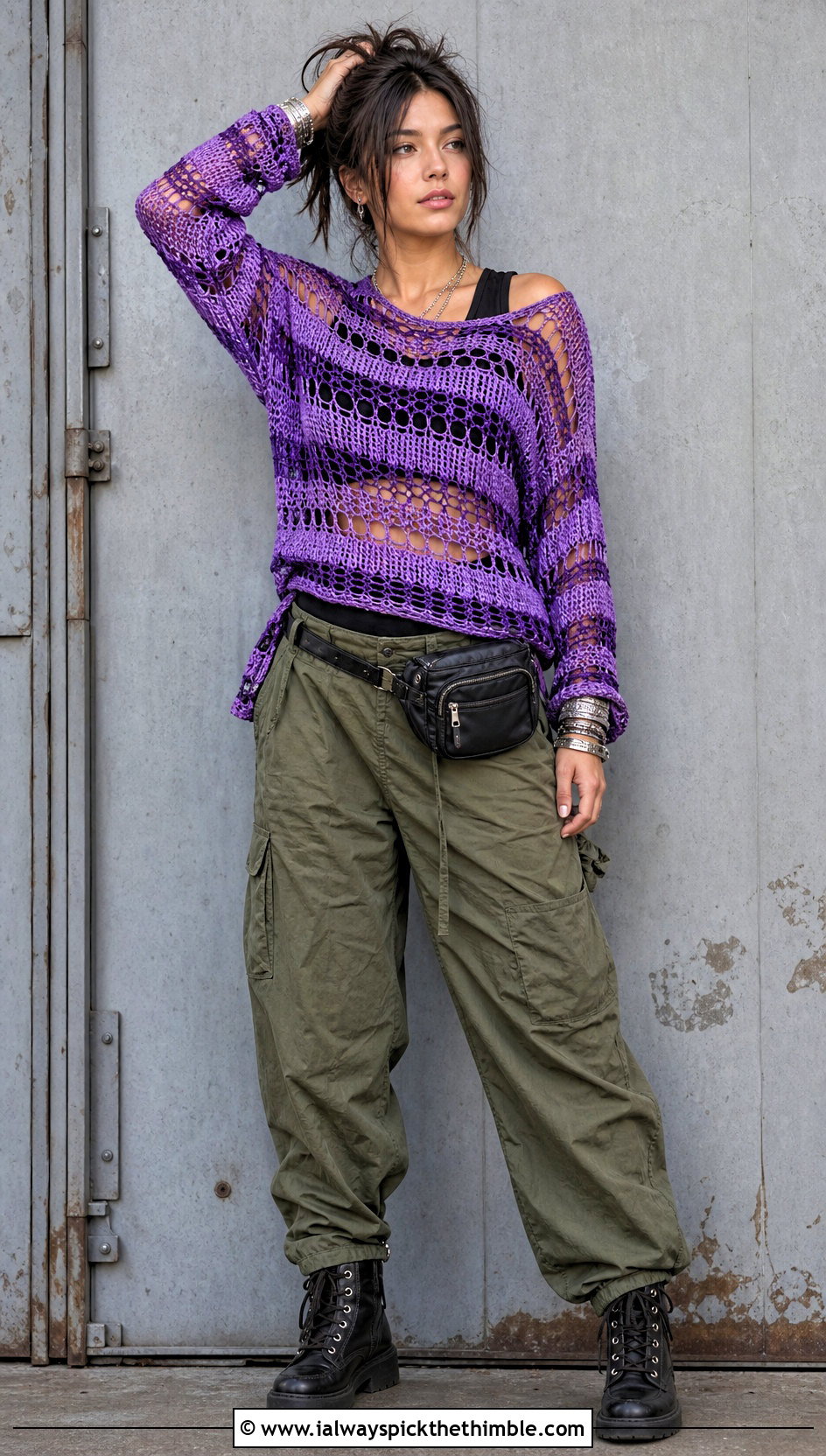 Striped Open Knit Crochet Grunge Sweater With Cargo Pants - 20 crochet grunge sweater outfit ideas