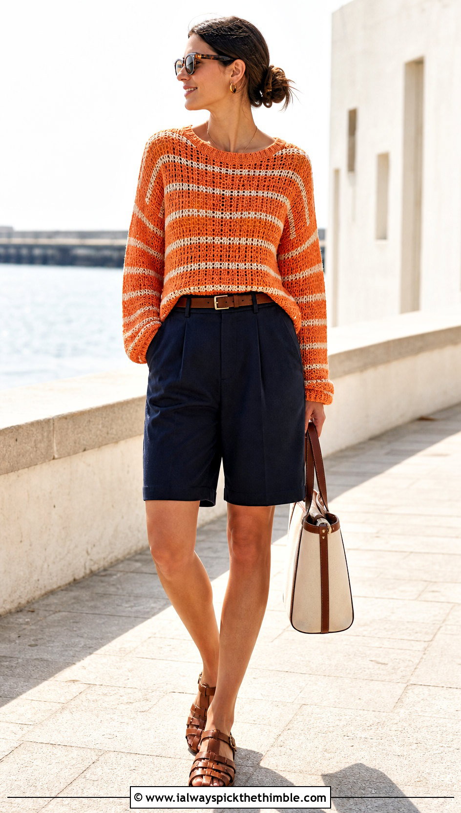 Striped Open Knit Sweater With Bermuda Shorts - 20 summer crochet sweaters outfit ideas