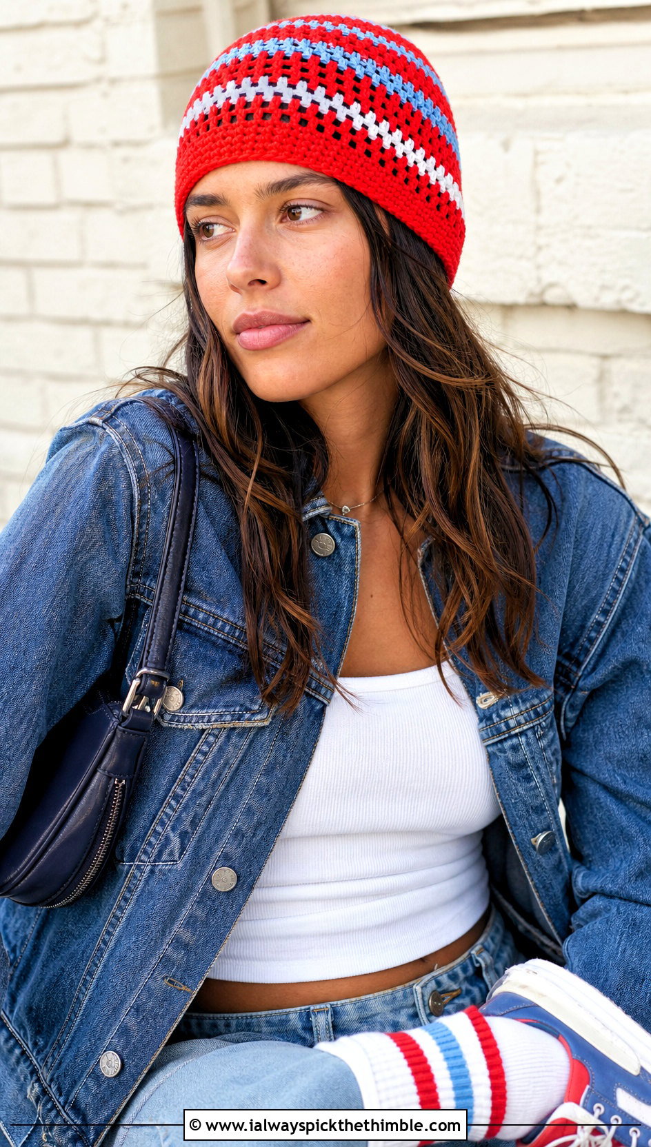 Striped Open Stitch Crochet Beanie With Denim Jacket And Jeans - 15 Crochet Lightweight Beanie outfit ideas