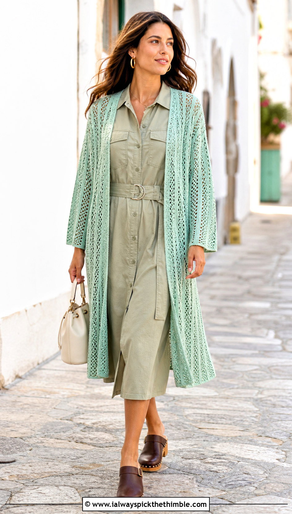 Striped Openwork Crochet Duster With Utility Dress - 20 Crochet Long Lacy Cardigan outfit ideas