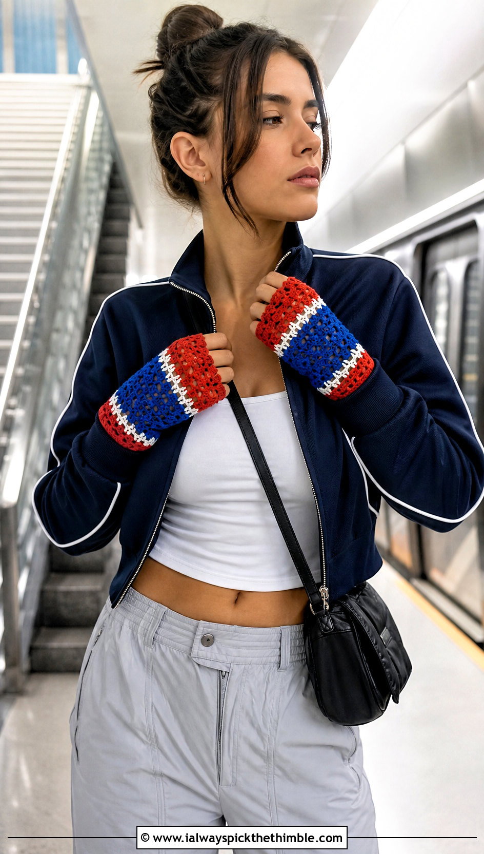 Striped Openwork Crochet Gloves With Track Jacket - 20 crochet lace gloves outfit ideas
