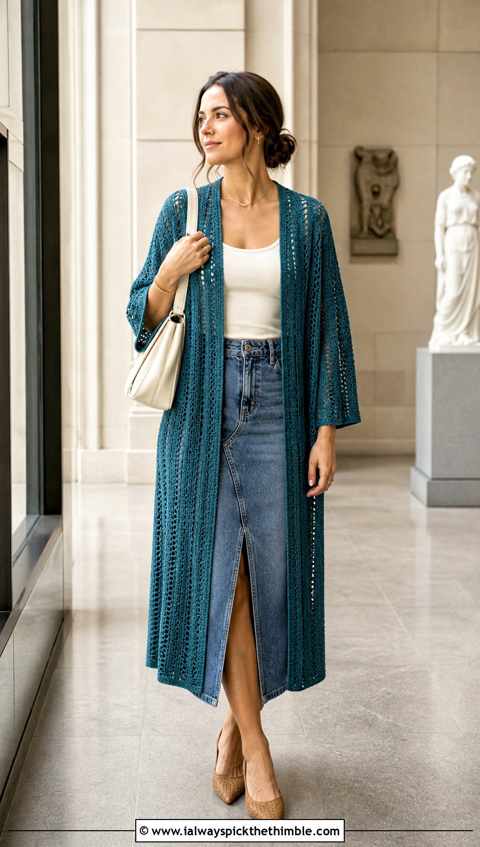 Striped Openwork Crochet Kimono With Denim Midi Skirt - 15 crochet kimono cover up outfit ideas