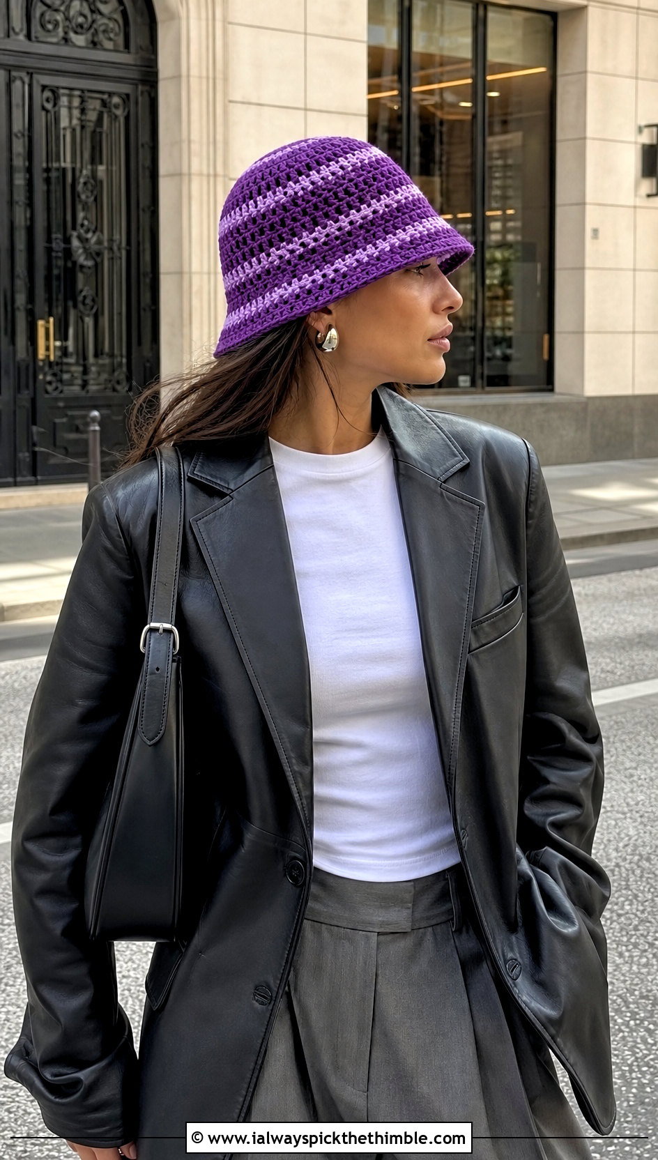 Striped Openwork Crochet Mesh Bucket Hat With Leather Blazer - 20 crochet mesh bucket hat outfit ideas
