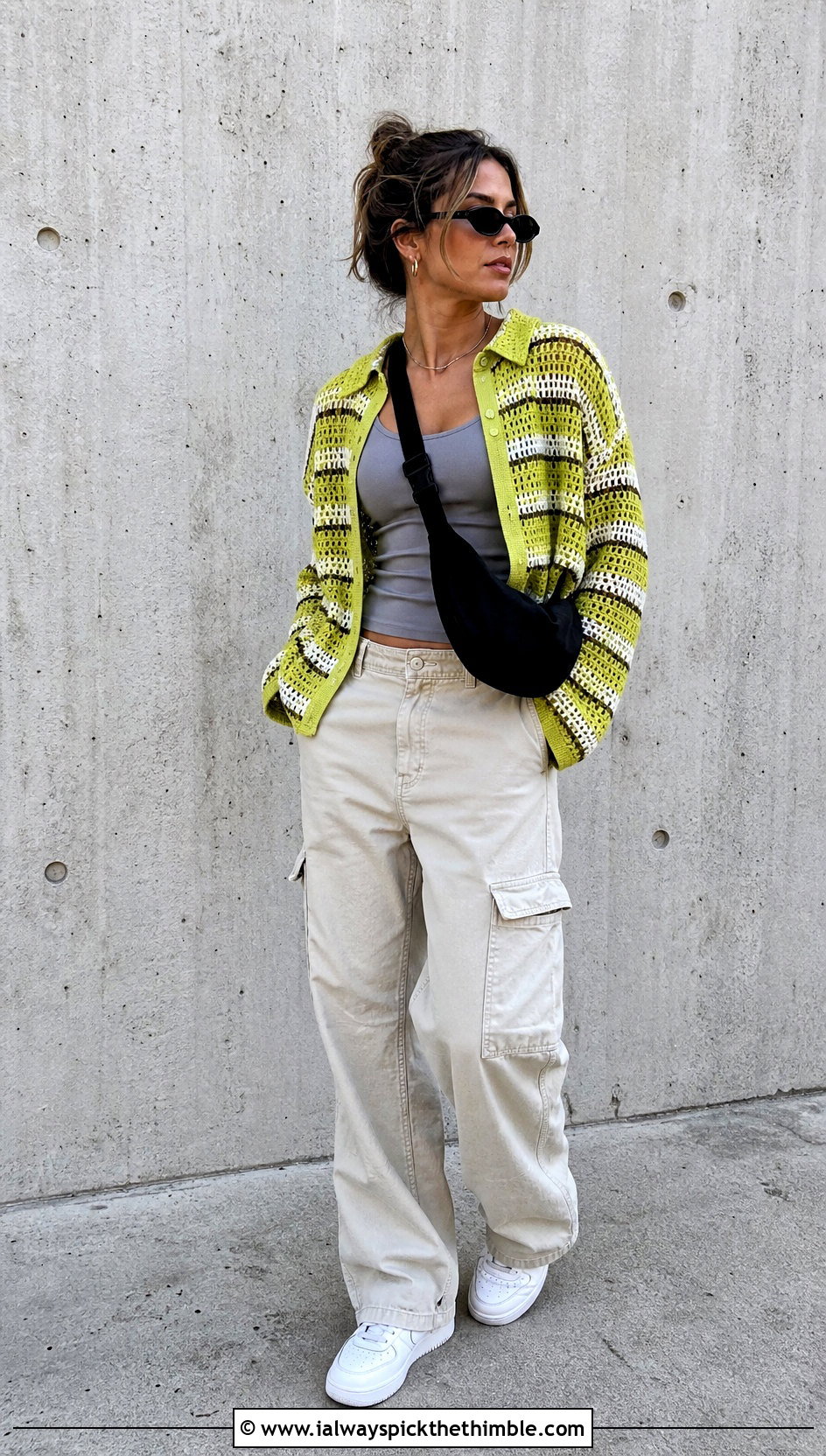 Striped Openwork Crochet Shirt With Cargo Pants - 25 crochet shirt for women outfit ideas