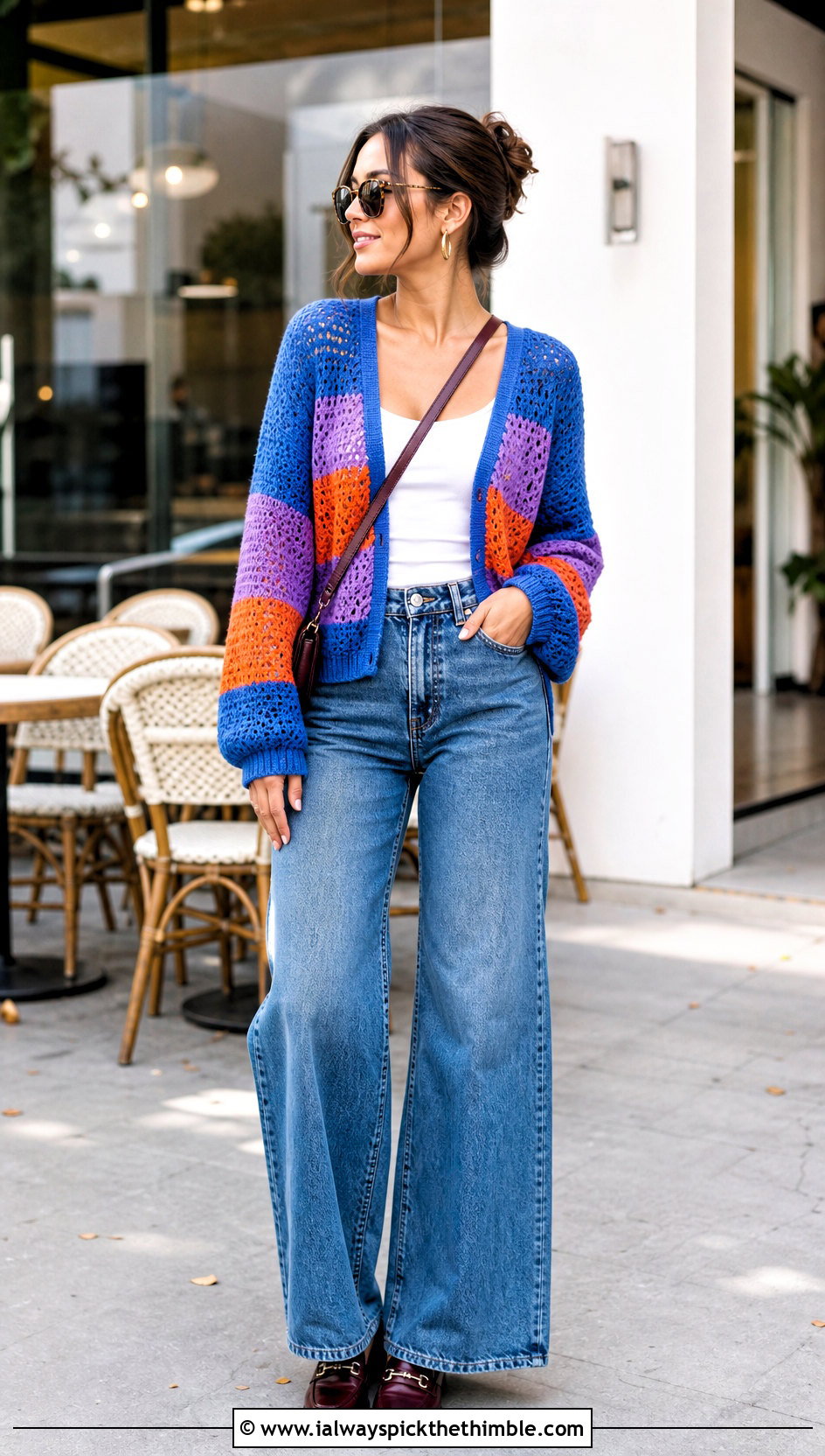 Striped Openwork Crochet Sweater With Wide Leg Jeans - 20 taylor swift crochet sweater outfit ideas