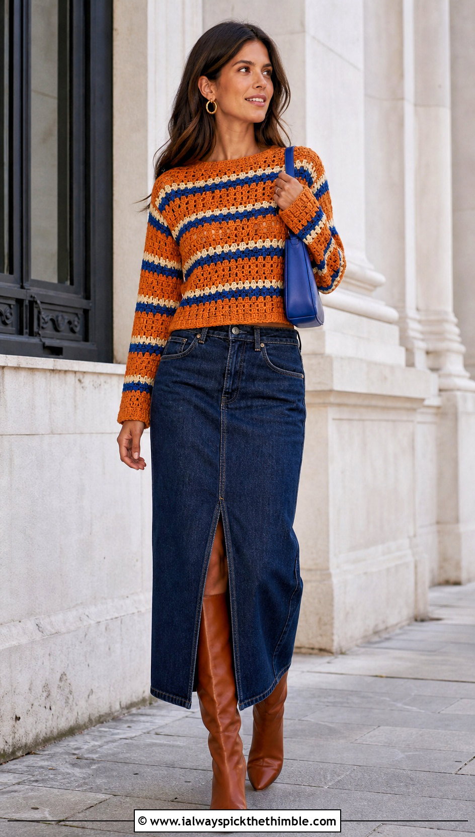 Striped Orange Crochet Sweater With Denim Maxi Skirt - 15 orange crochet sweater design outfit ideas