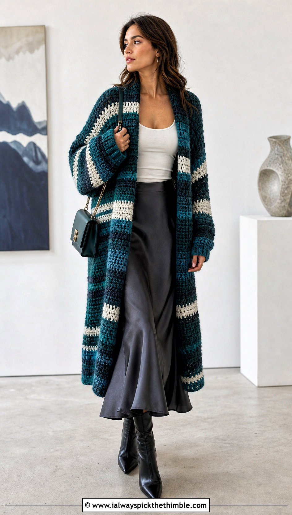 Striped Oversized Blanket Crochet Cardigan With Satin Skirt - 20 blanket crochet cardigan outfit ideas