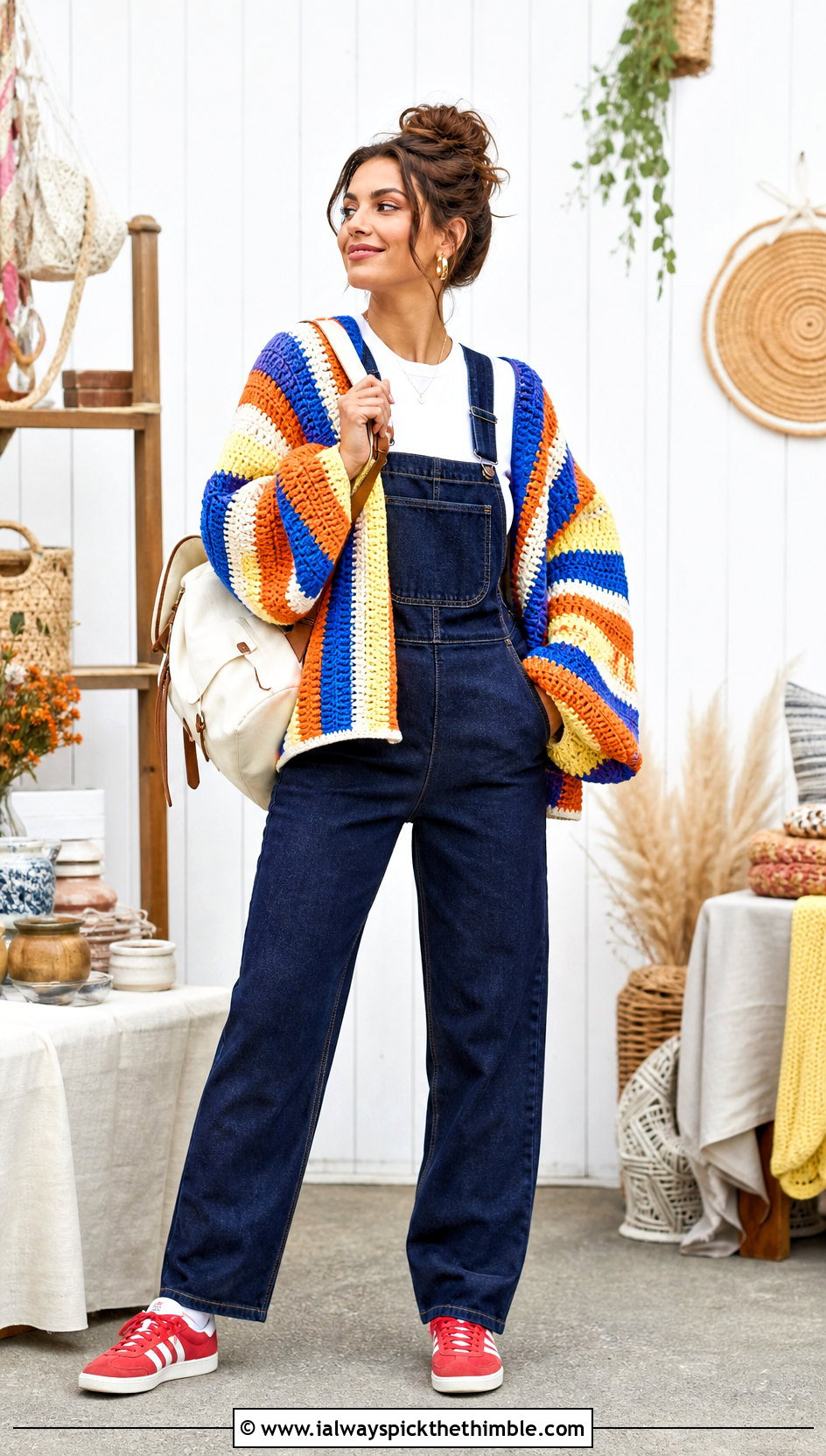 Striped Oversized Crochet Shrug With Denim Overalls - 25 crochet shrugs outfit ideas