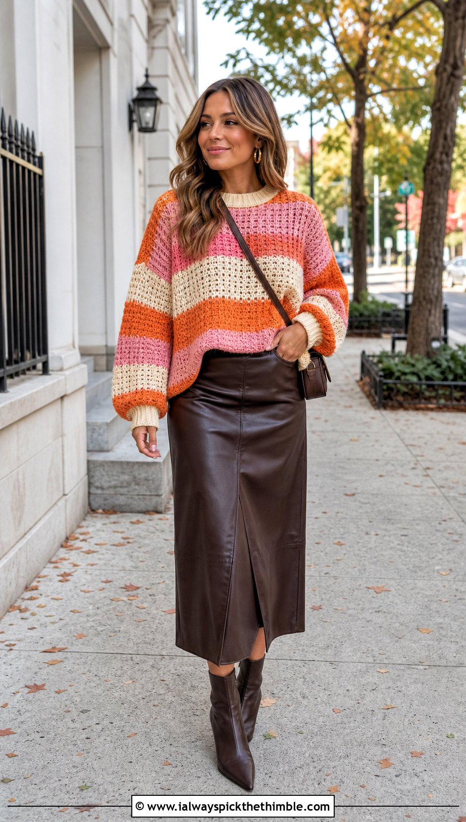 Striped Oversized Crochet Sweater With Leather Midi Skirt - 15 Crochet Projects Sweaters outfit ideas