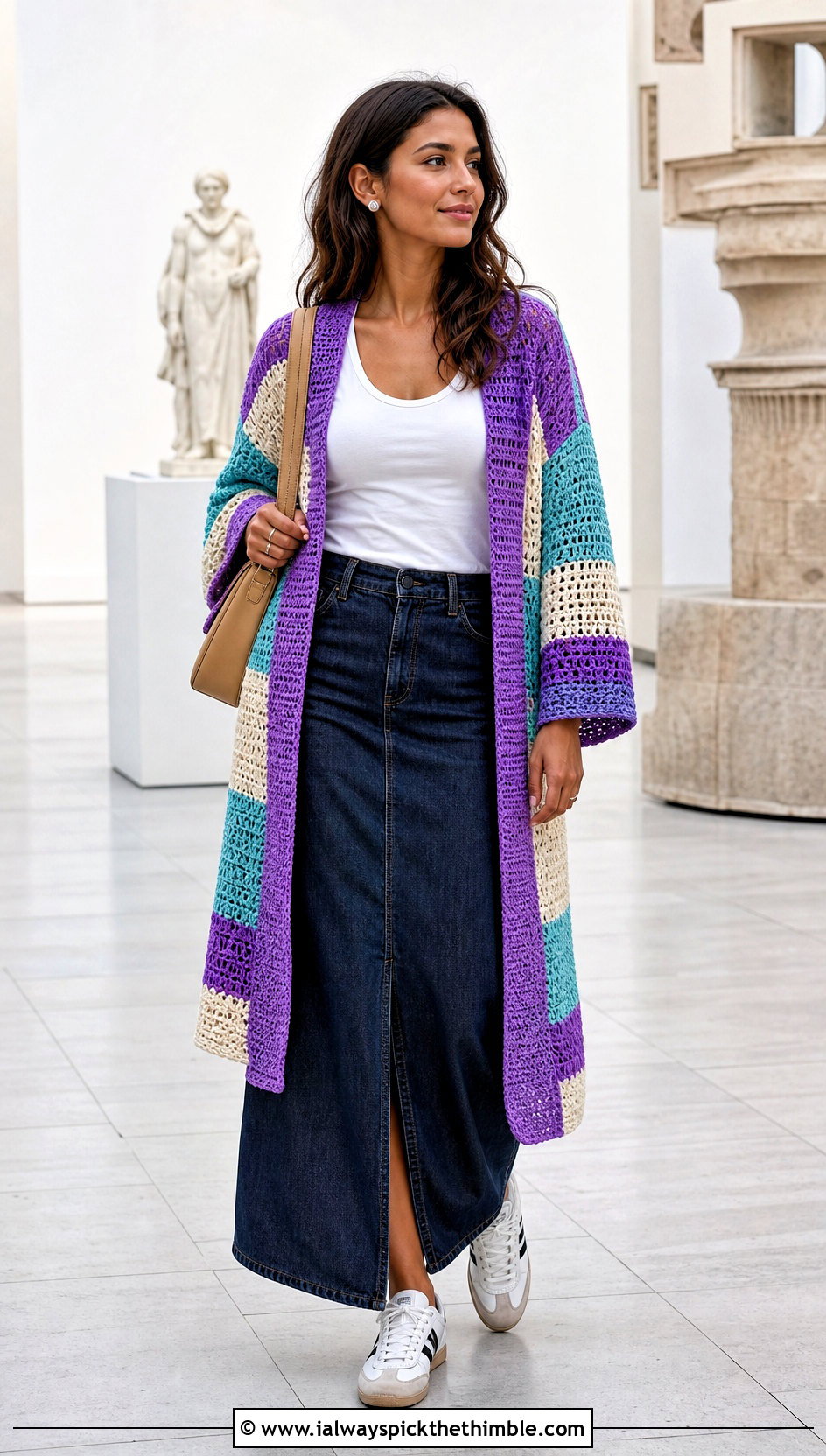 Striped Panel Crochet Patched Cardigan With Denim Maxi Skirt - 20 Crochet Patched Cardigan outfit ideas