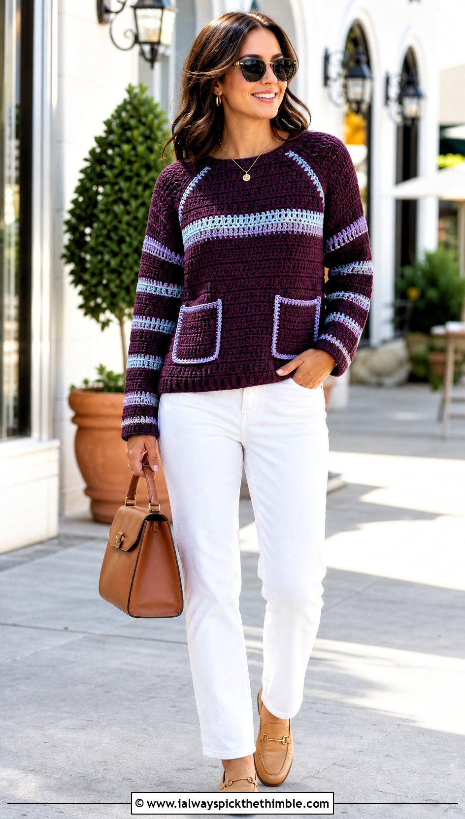Striped Patch Pocket Raglan Crochet Sweater With White Jeans - 15 pocket raglan crochet sweater outfit ideas