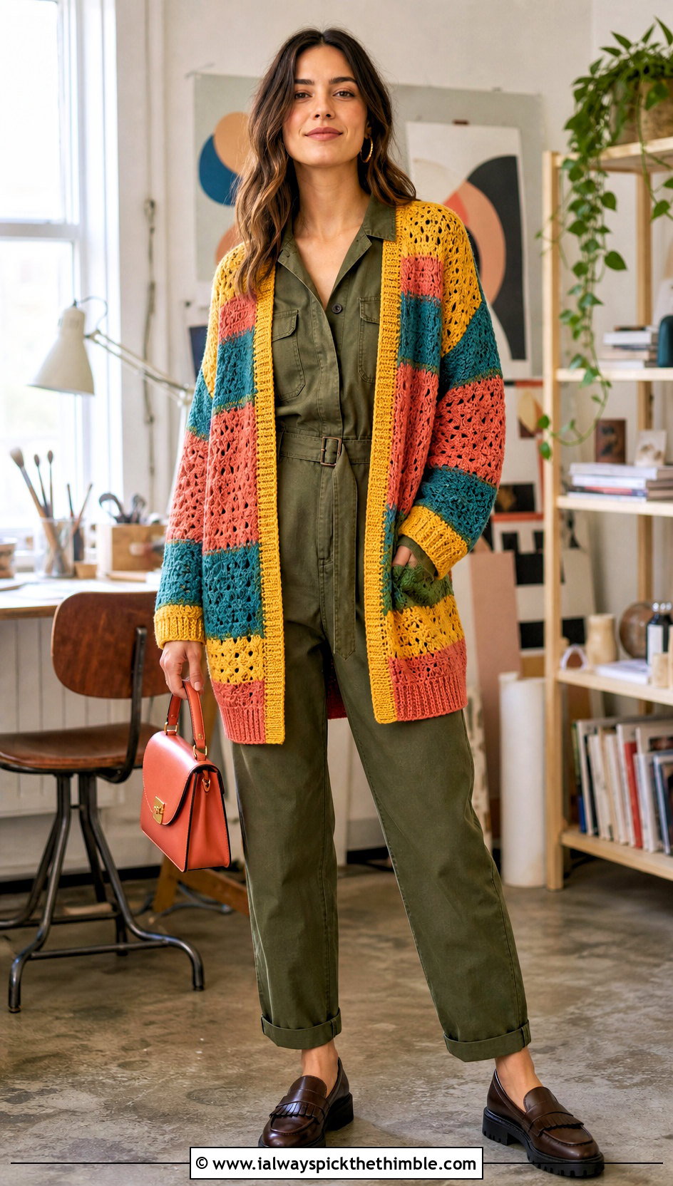 Striped Patchwork Cardigan With Utility Jumpsuit - 20 crochet patch work cardigan outfit ideas