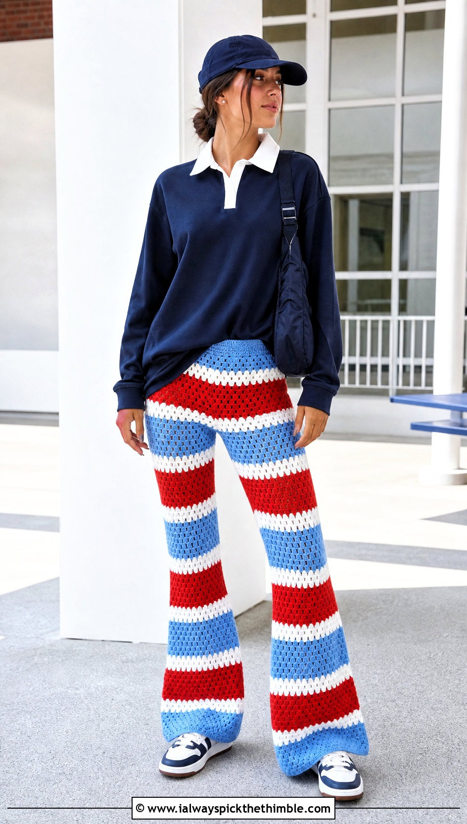 Striped Patchwork Crochet Flare Pants With Rugby Shirt - 15 Crochet Patchwork Pants outfit ideas