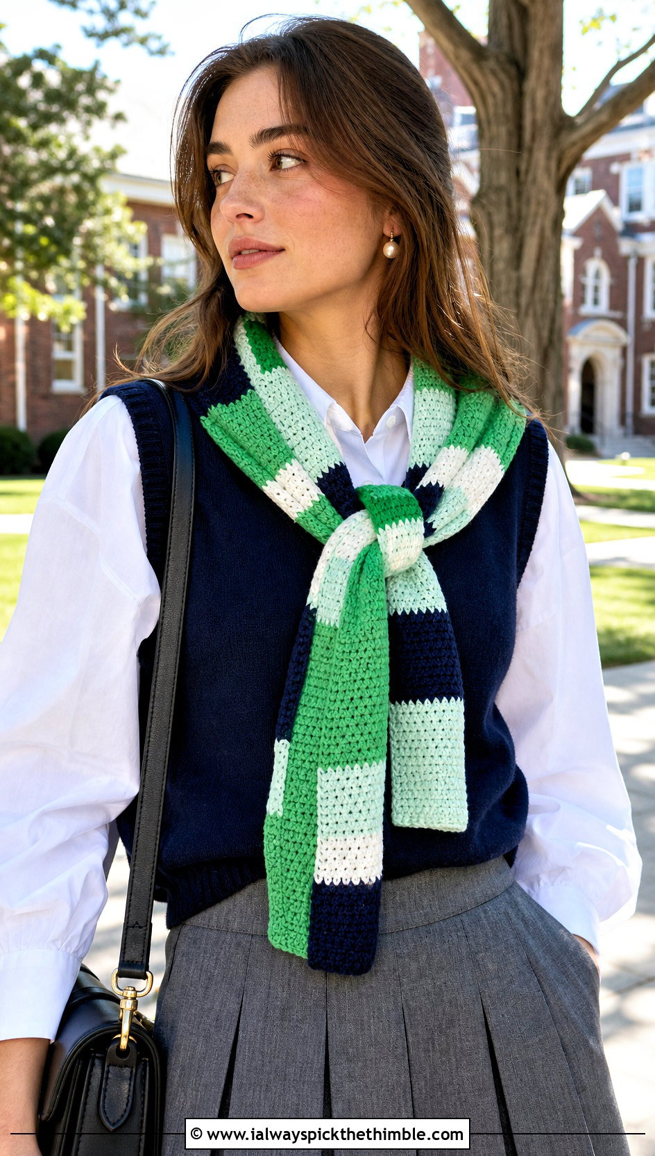 Striped Patchwork Crochet Scarf With Sweater Vest - 15 Patchwork Crochet Scarf outfit ideas