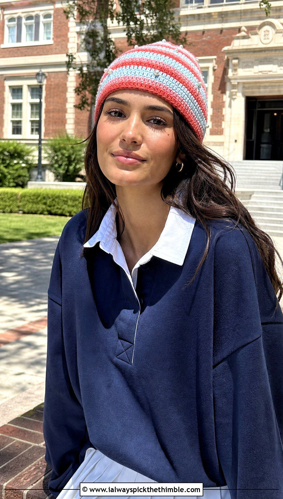 Striped Pearl Crochet Beanie With Rugby Shirt - 15 Pearl Crochet Beanie outfit ideas