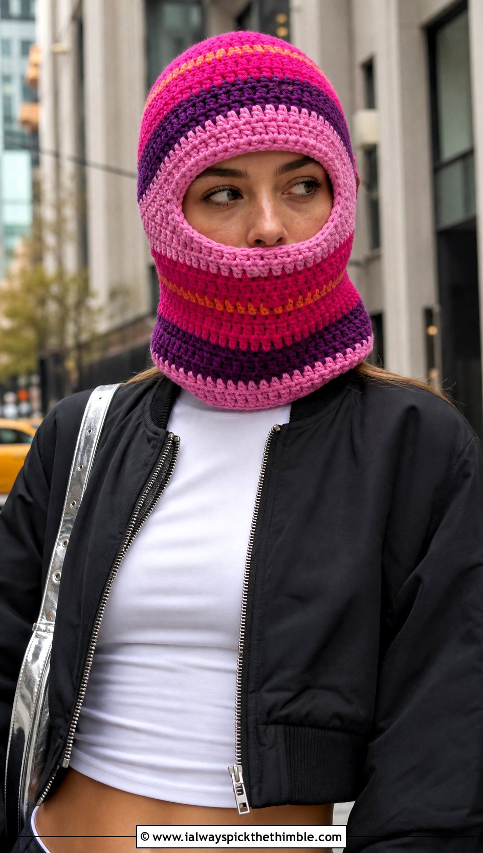 Striped Pink Crochet Balaclava With Bomber Jacket - 20 Pink Crochet Balaclava outfit ideas
