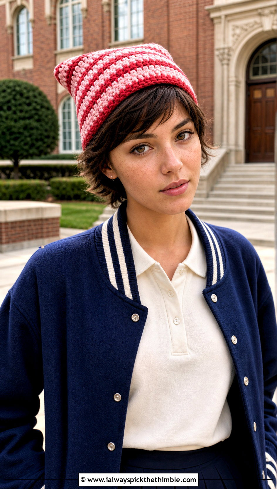 Striped Pixie Beanie With Varsity Jacket And Pleated Skirt - 20 crochet pixie hat outfit ideas