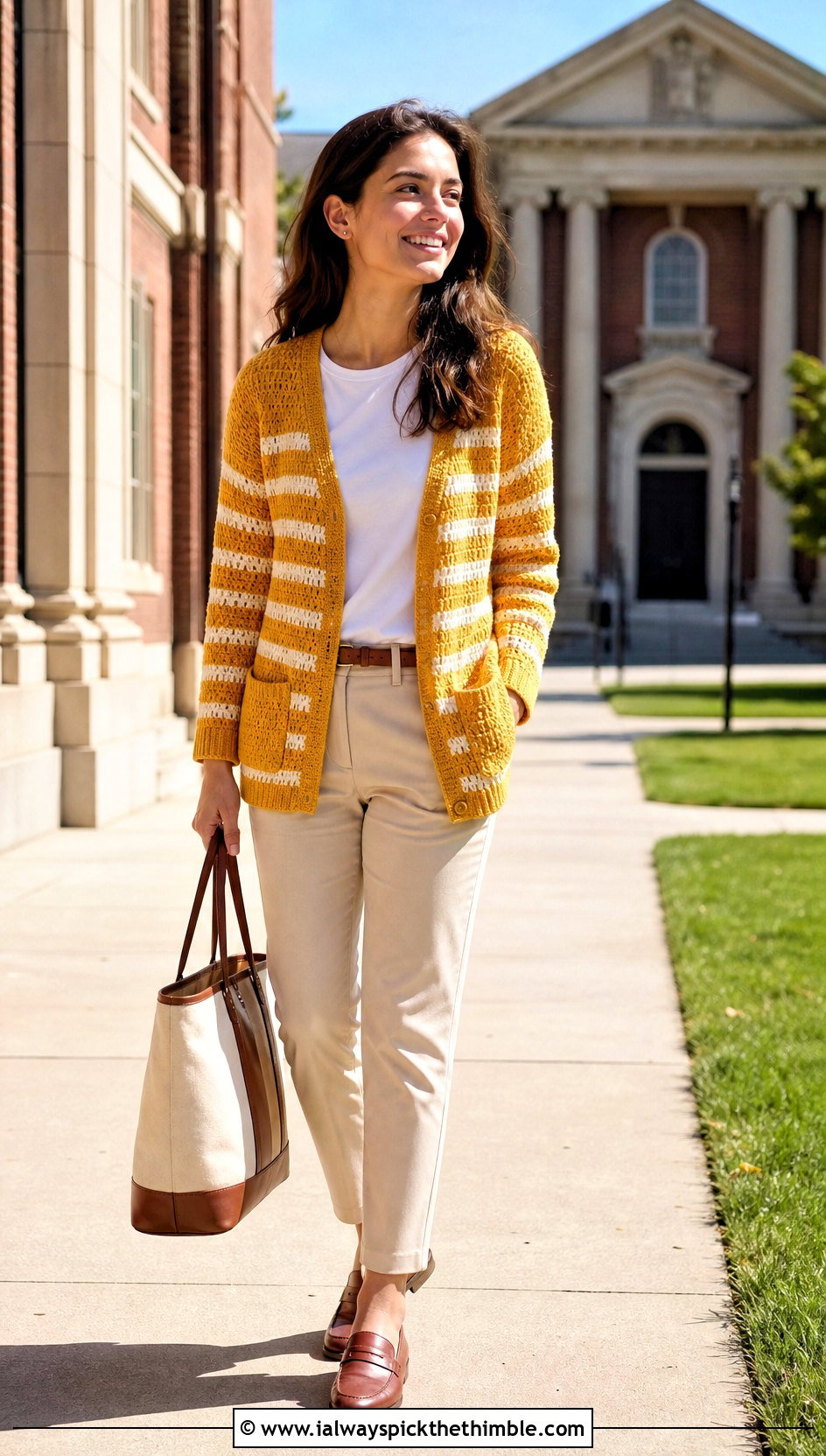 Striped Pocket Crochet Cardigan With Chino Pants - 25 crochet cardigan with pockets outfit ideas