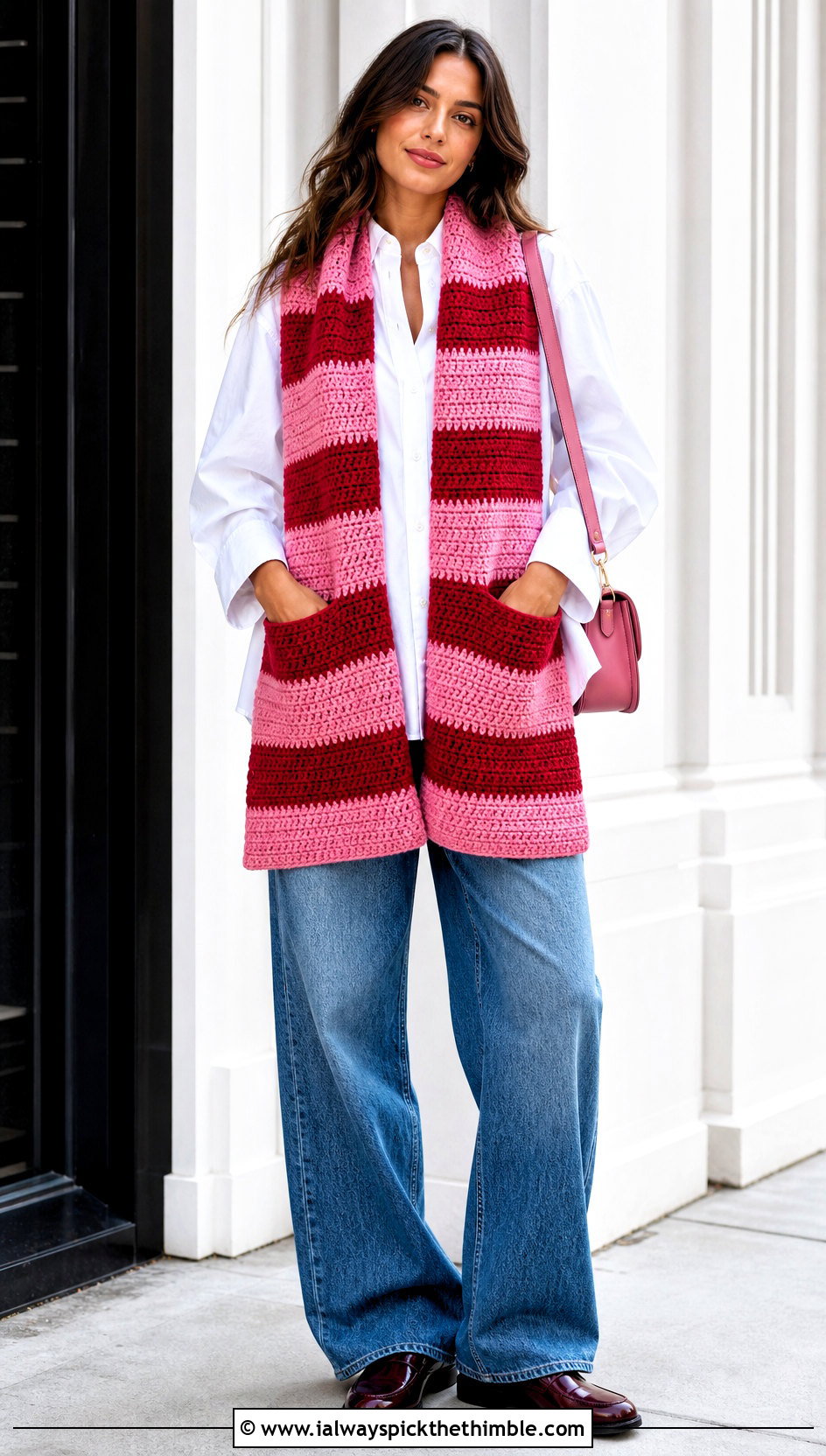 Striped Pocket Scarf With White Shirt And Jeans - 20 crochet pocket scarves outfit ideas