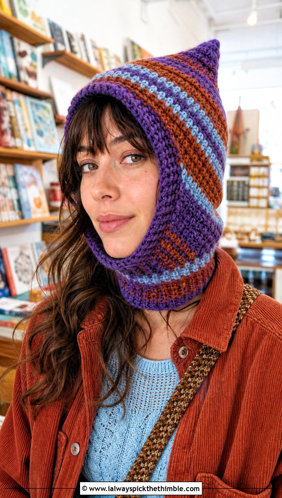 Striped Pointed Crochet Balaclava With Corduroy Overshirt - 15 Striped Crochet Balaclava outfit ideas