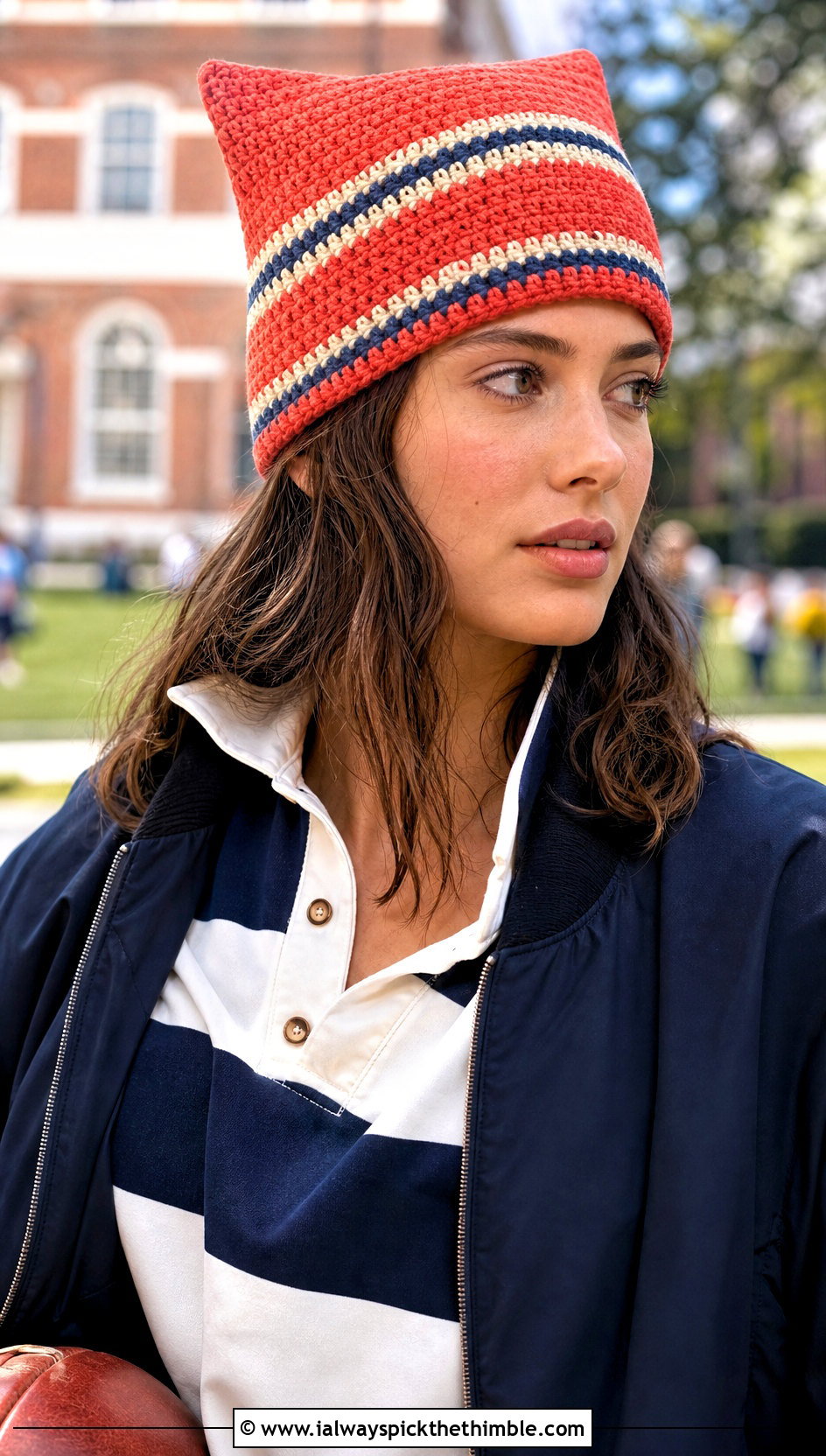 Striped Pointed Crochet Hat With Rugby Shirt And Chinos - 20 Pointed Crochet Hat outfit ideas