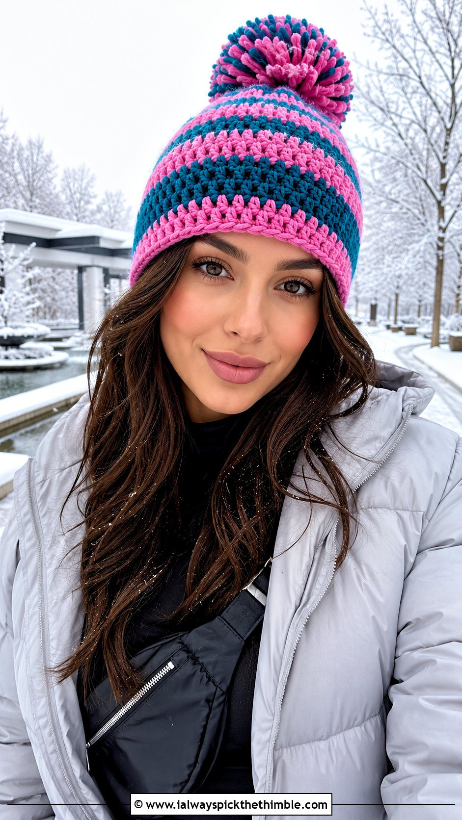 Striped Pom Pom Crochet Beanie With Puffer Jacket - 20 2 color crochet beanie hat outfit ideas