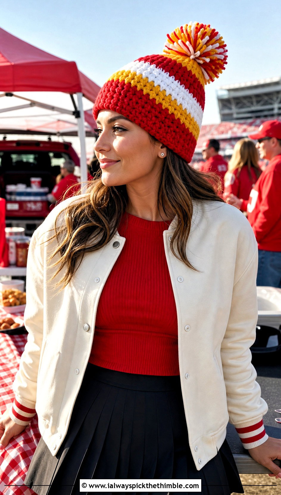 Striped Pom Pom Crochet Mahomes Beanie With Varsity Jacket - 15 Crochet Mahomes Hat outfit ideas