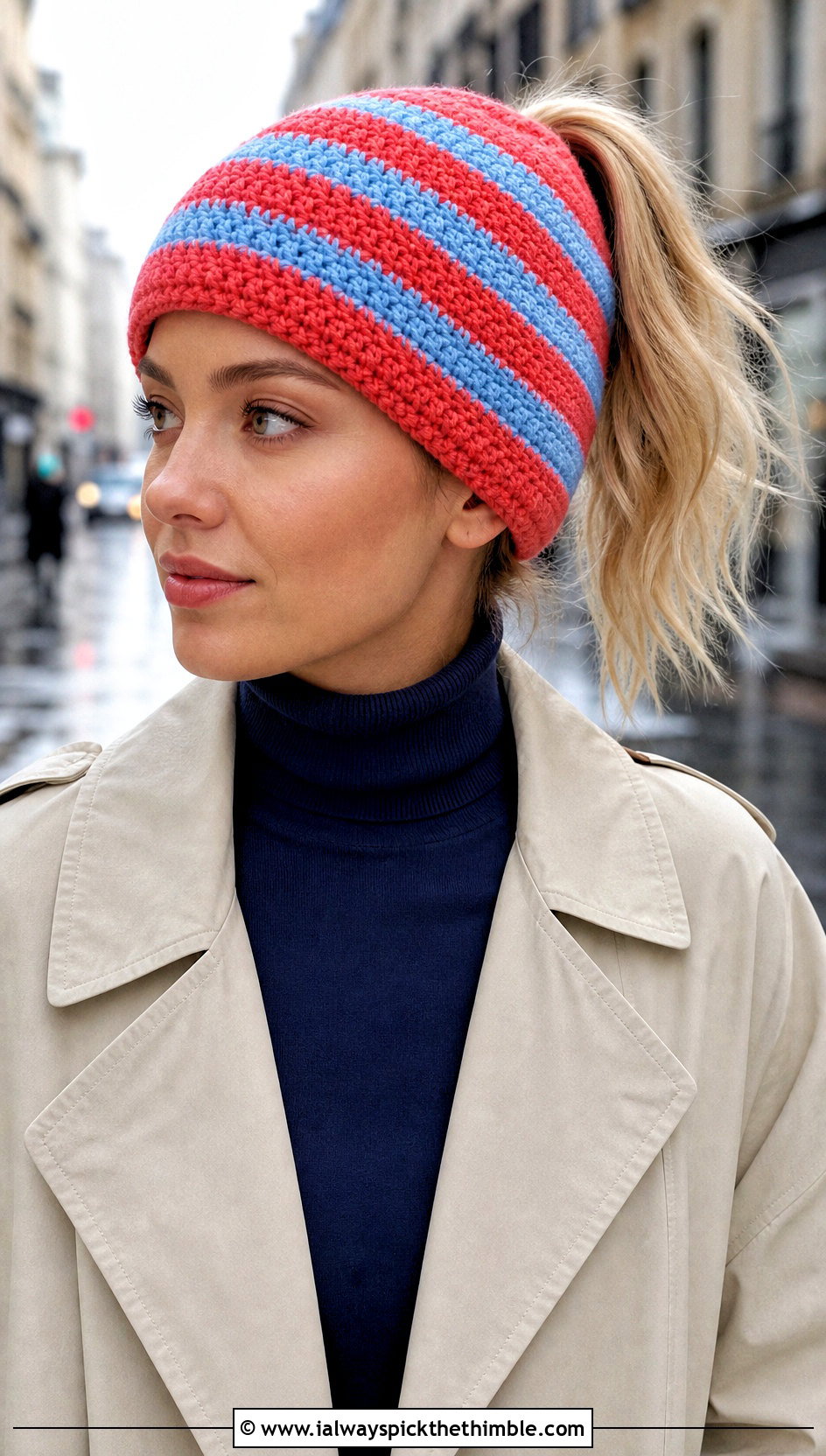 Striped Ponytail Crochet Hat With Trench Coat - 20 ponytail crochet hat outfit ideas