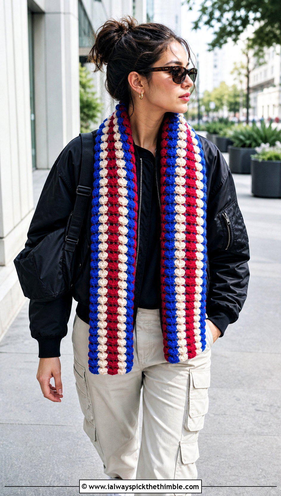Striped Popcorn Crochet Scarf With Bomber Jacket - 20 Popcorn Crochet Scarf outfit ideas