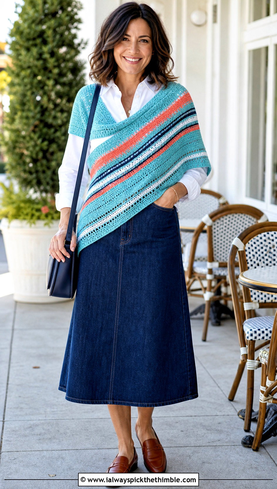 Striped Prayer Shawl With White Shirt And Denim Skirt - 15 Crochet Prayer Shawl Amazing Grace outfit ideas