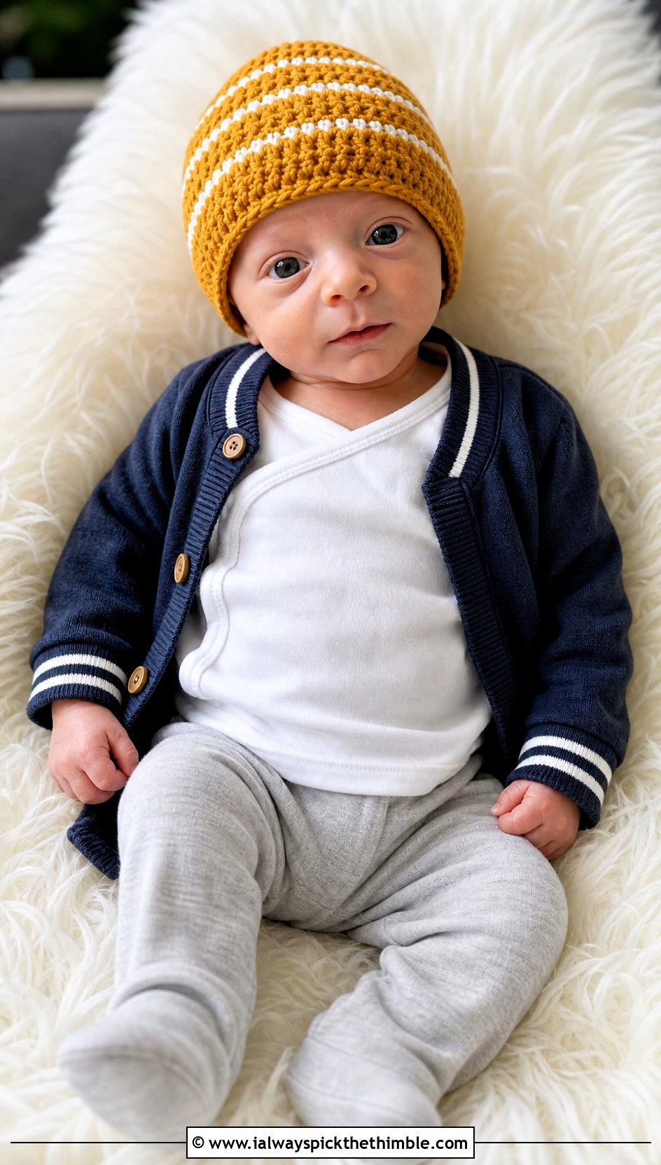 Striped Preemie Crochet Beanie With Varsity Cardigan - 20 premie crochet hat outfit ideas