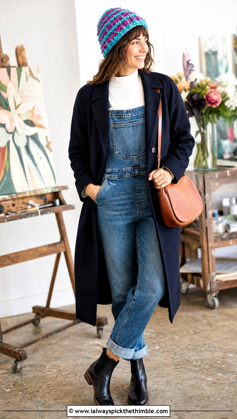 Striped Puff Stitch Beanie With Denim Overalls - 20 crochet puff stitch beanie outfit ideas