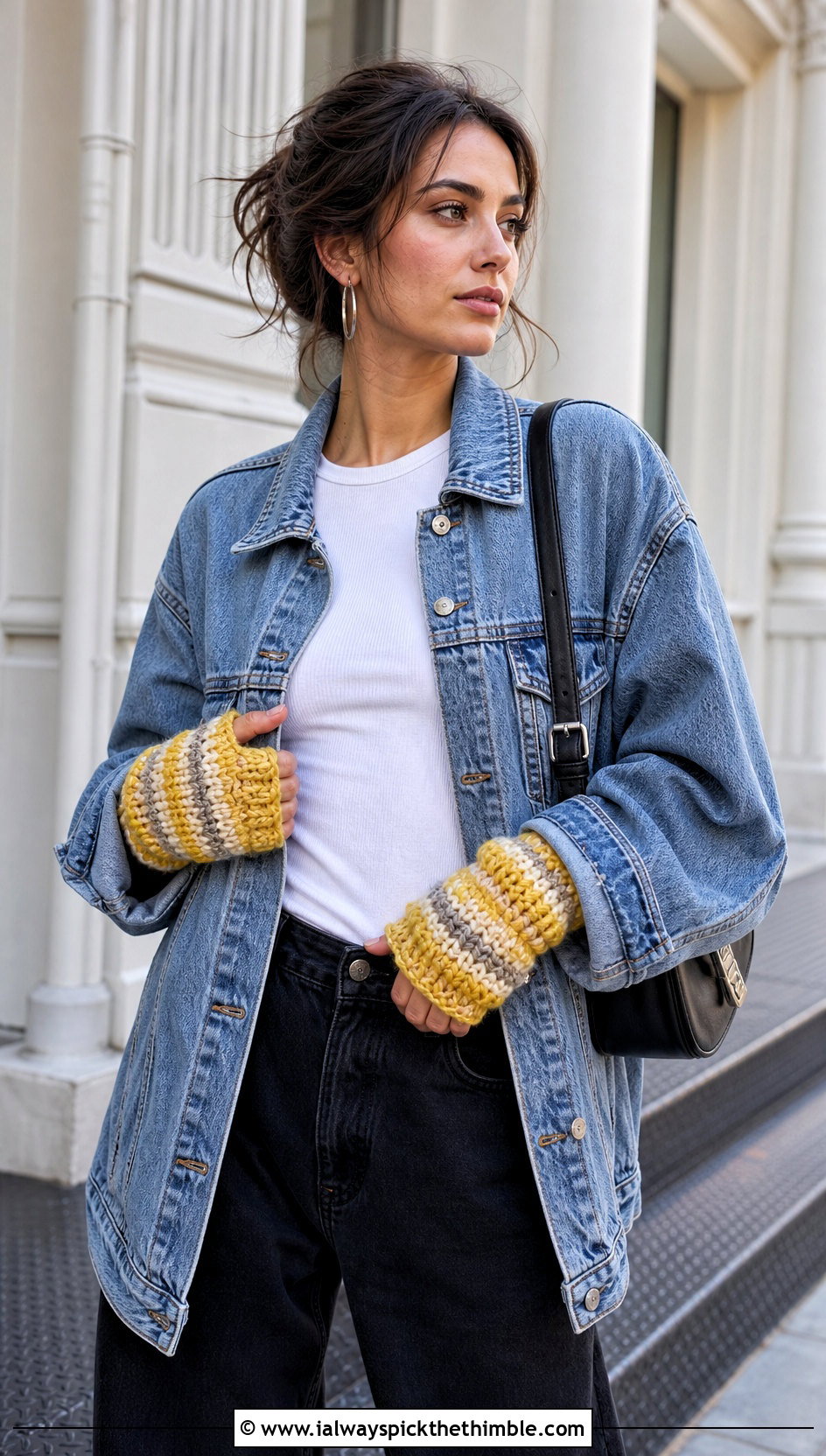 Striped Puff Stitch Fingerless Gloves With Denim Jacket - 15 Crochet Puff Stitch Fingerless Gloves outfit ideas