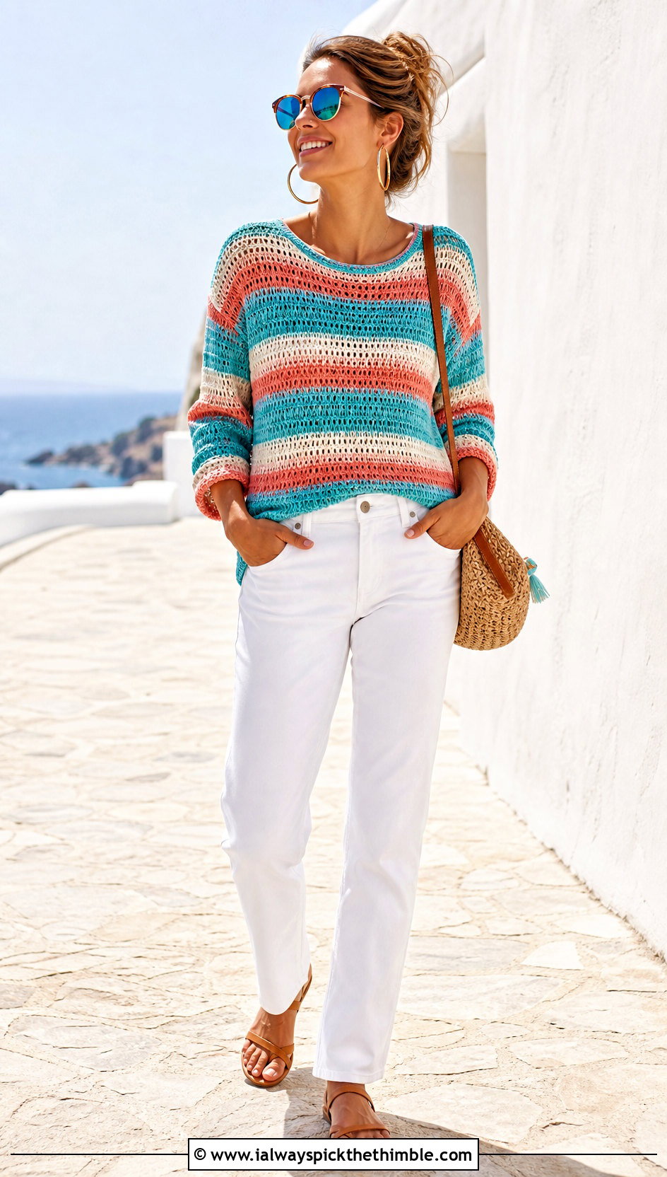 Striped Pullover Crochet Sweater With White Jeans - 20 Pullover Crochet Sweater outfit ideas