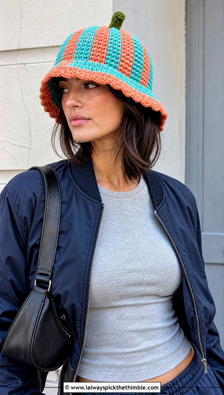Striped Pumpkin Bucket Hat With Bomber Jacket - 25 crochet pumpkin hat outfit ideas