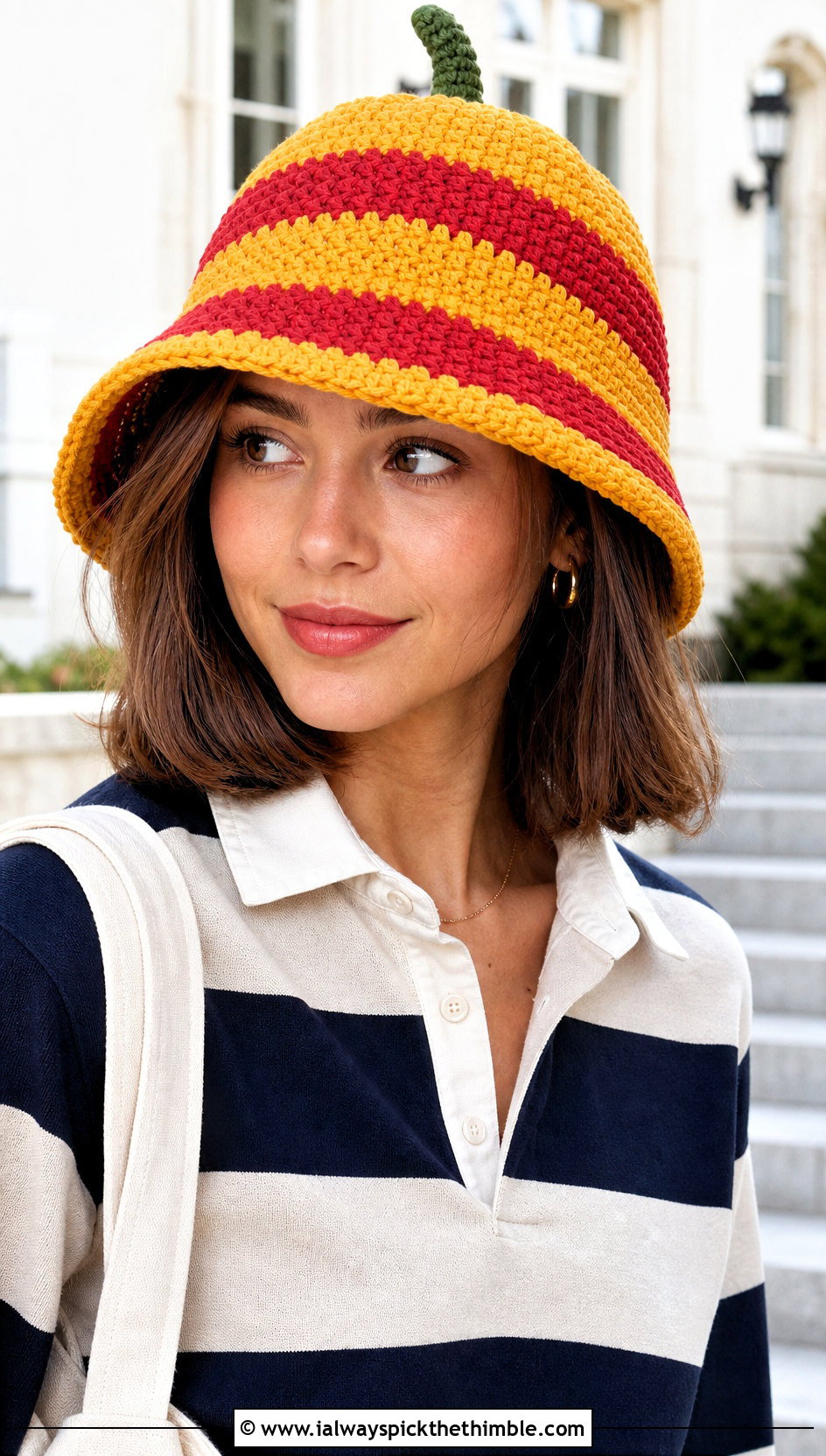 Striped Pumpkin Bucket Hat With Rugby Shirt And Chinos - 20 crochet pumpkin bucket hat outfit ideas